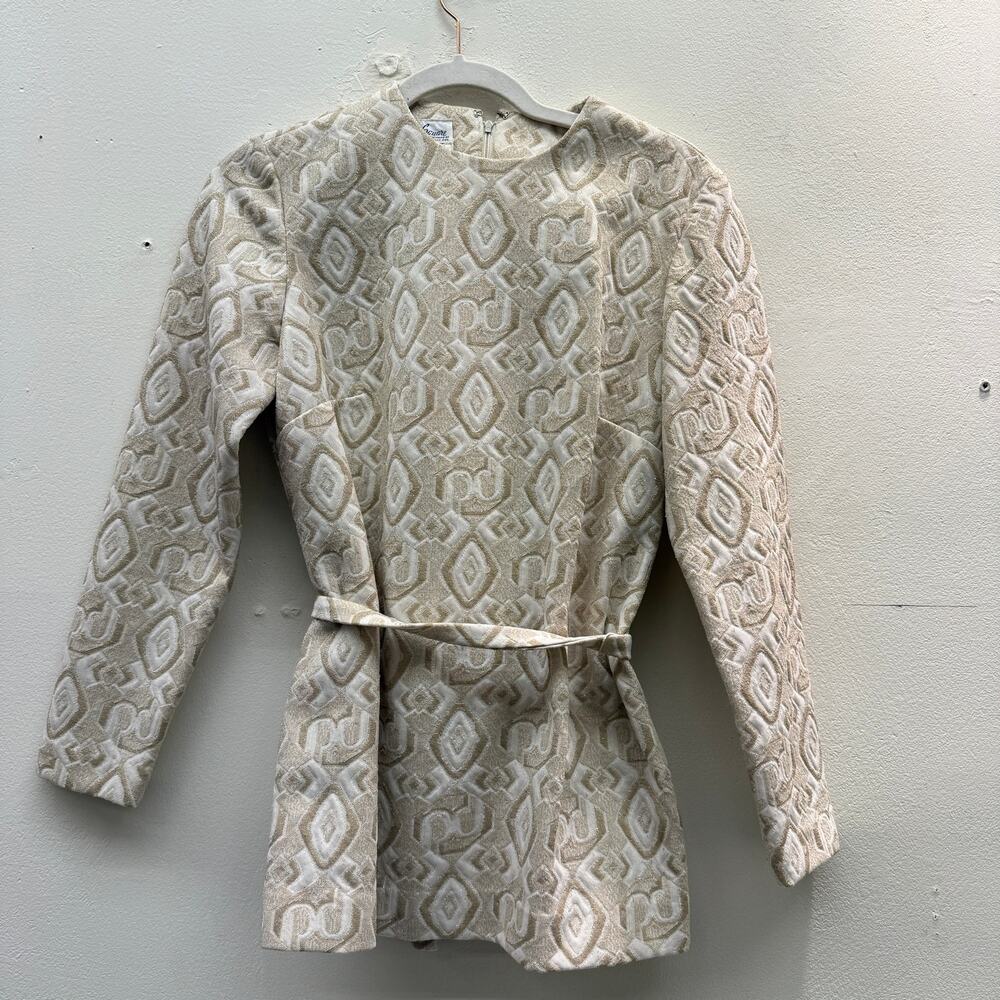 Vintage 1960s Stoner Square White Gold Geometric Long Sleeve Belted Top Glitter